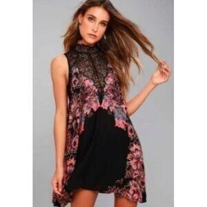 Free People Mini Slip Dress Size M Marsha Black Floral Lace Insert BOHO
